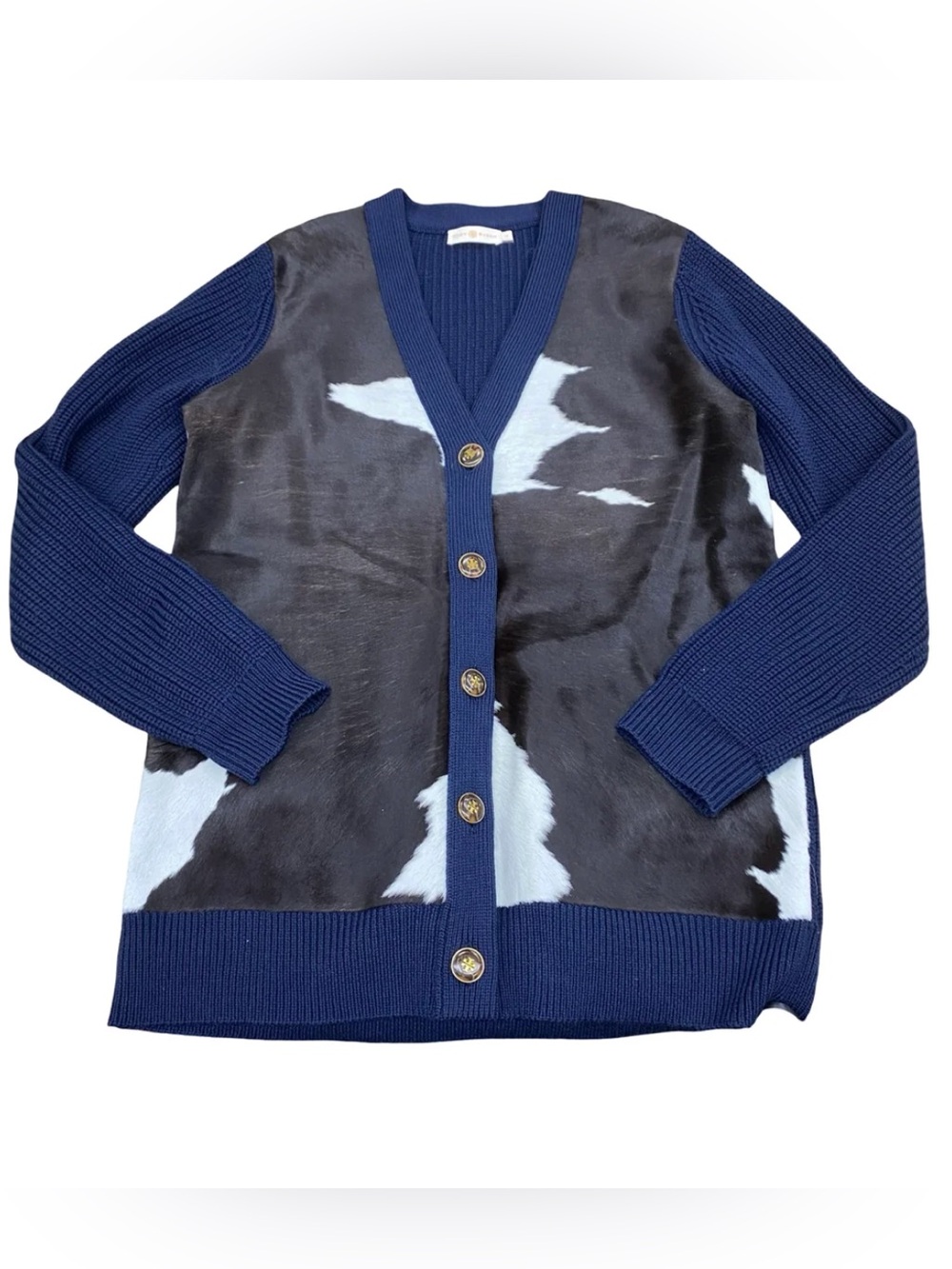 Tory Burch Calf Hair Cowboy Cowgirl Cardigan Navy Blue Brown Size Large